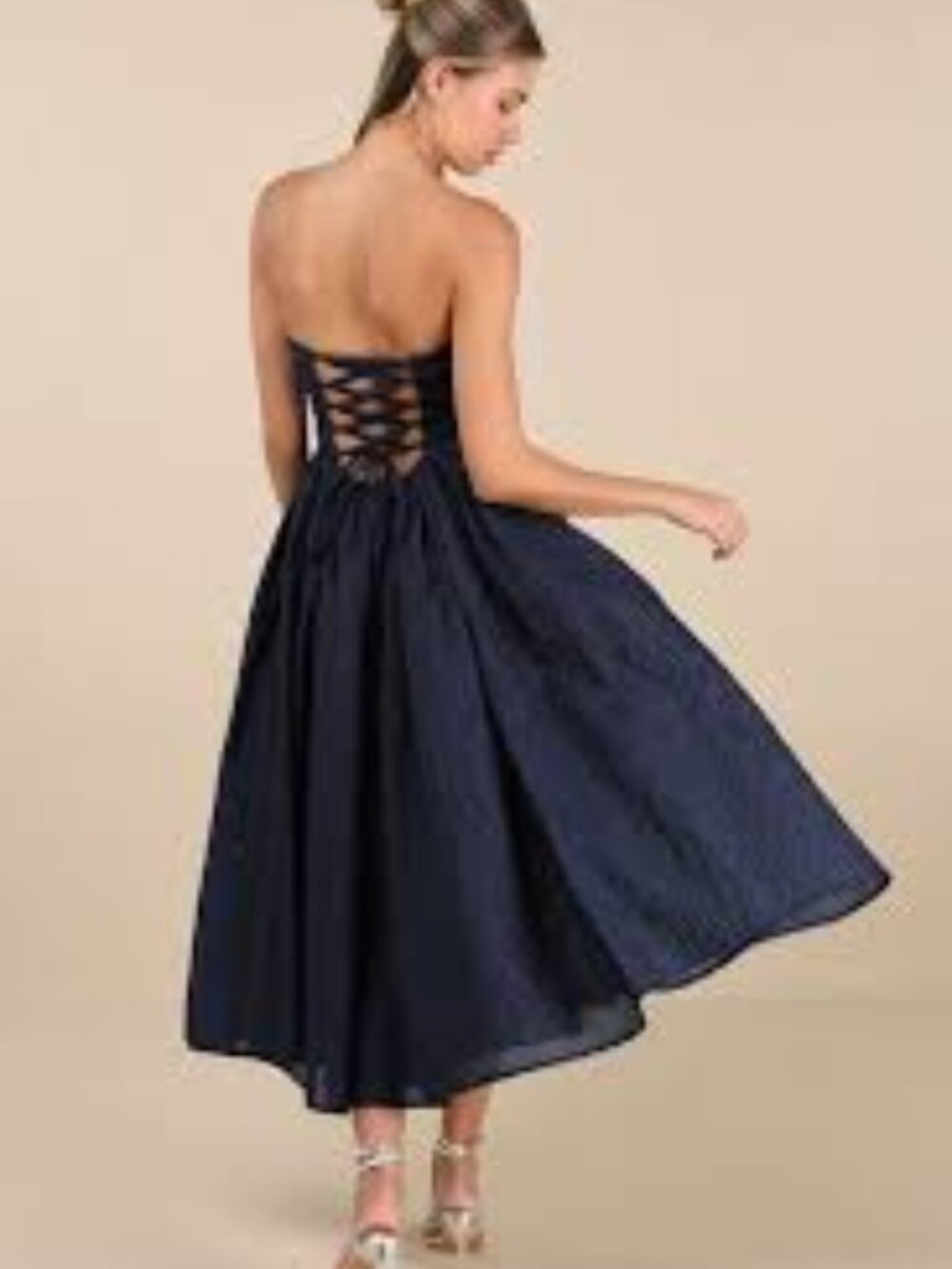 Lulus Analeia Dark Navy Jacquard Lace Up Strapless Corset Midi Dress M Retro Tea